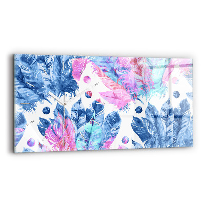 Horizontální skleněné hodiny nástěnné Barevné peří