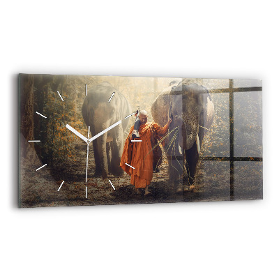 Horizontální skleněné hodiny nástěnné Mnich vedoucí slony