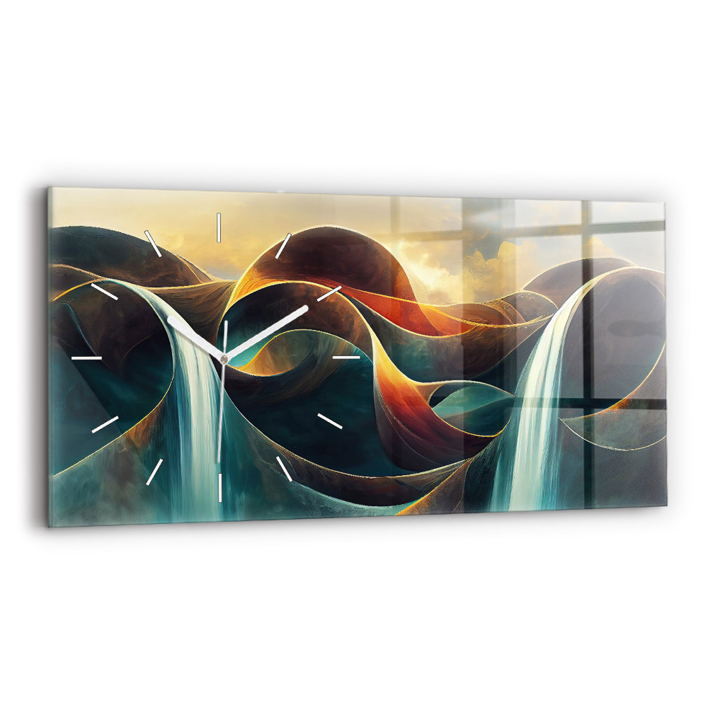 Horizontální skleněné hodiny nástěnné Pozadí tekoucího vodopádu