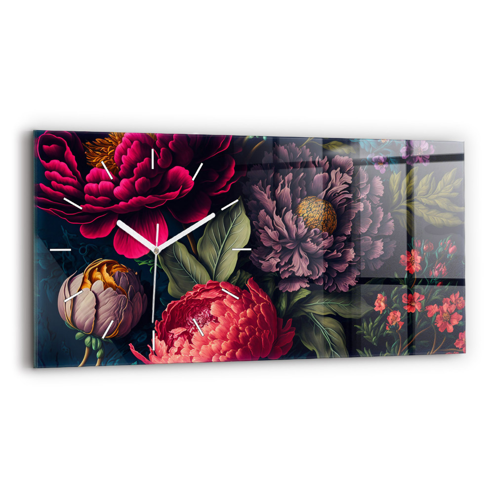 Horizontální skleněné hodiny nástěnné Vintage kytice květin