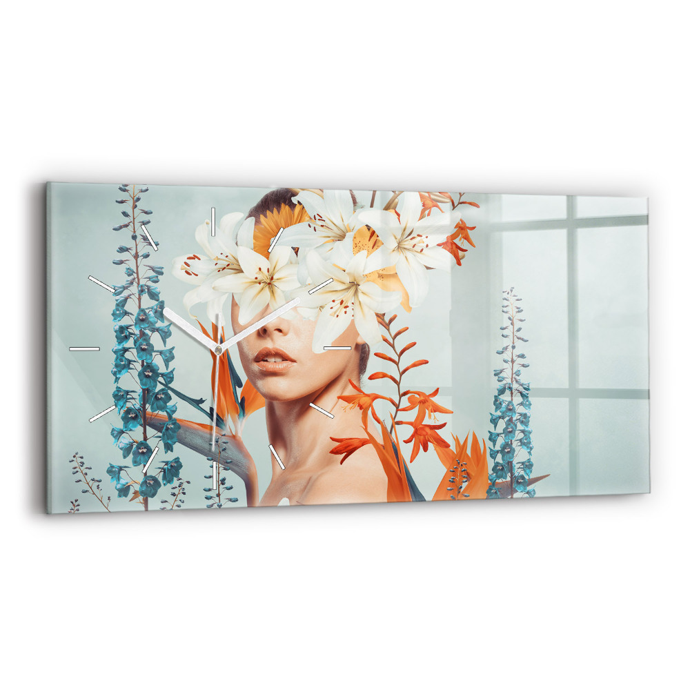Horizontální skleněné hodiny nástěnné Žena s květinami