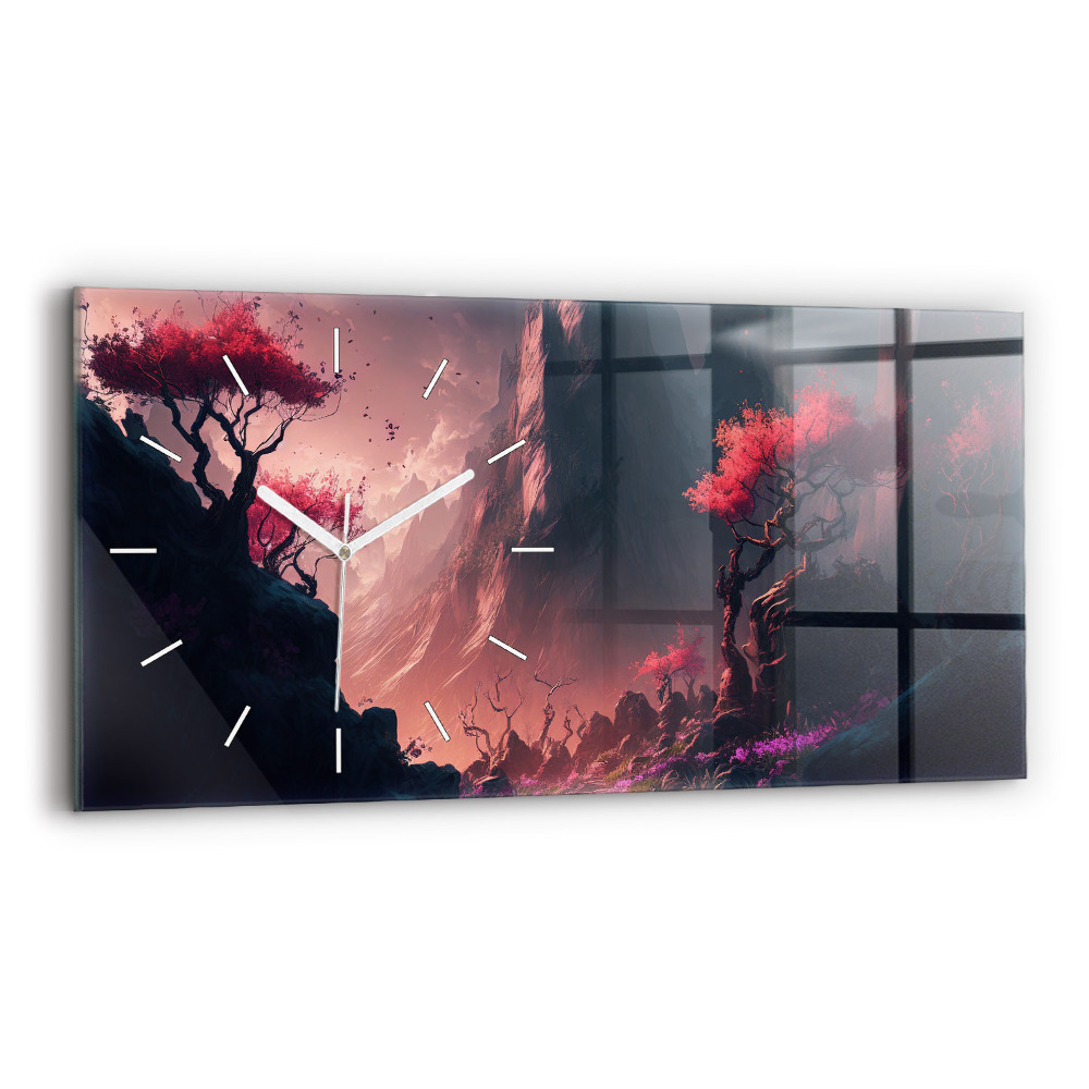 Horizontální skleněné hodiny nástěnné Kouzelný les a pohoří