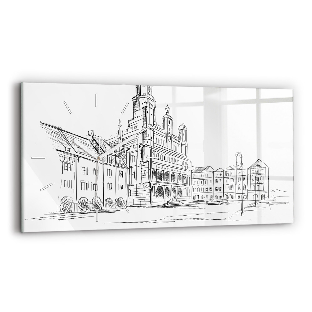 Horizontální skleněné hodiny nástěnné Skica starého města Poznaně