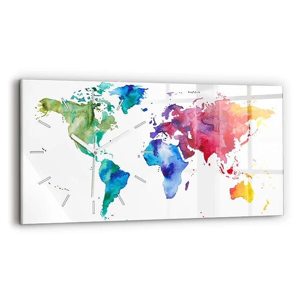 Horizontální nástěnné hodiny Akvarelová mapa světa