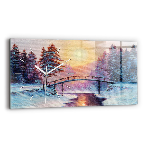 Horizontální skleněné hodiny nástěnné Vánoční stromek a most