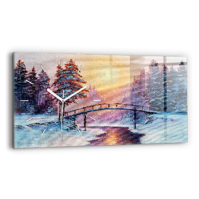 Horizontální skleněné hodiny nástěnné Vánoční stromek a most