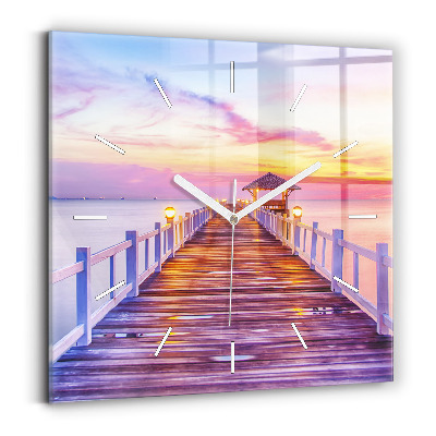 Skleněné nástěnné hodiny čtvercové Most v přístavu večer