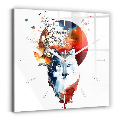 Skleněné nástěnné hodiny čtvercové Vlk a plnost