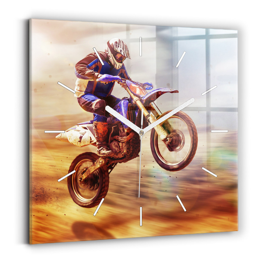 Skleněné nástěnné hodiny čtvercové Enduro motokros