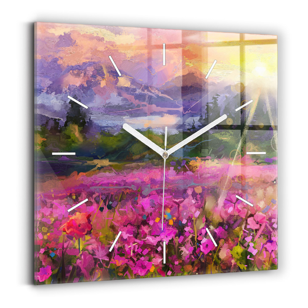 Hodiny na skle čtvercové Louka při západu slunce