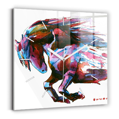 Skleněné nástěnné hodiny čtvercové Kůň v běhu