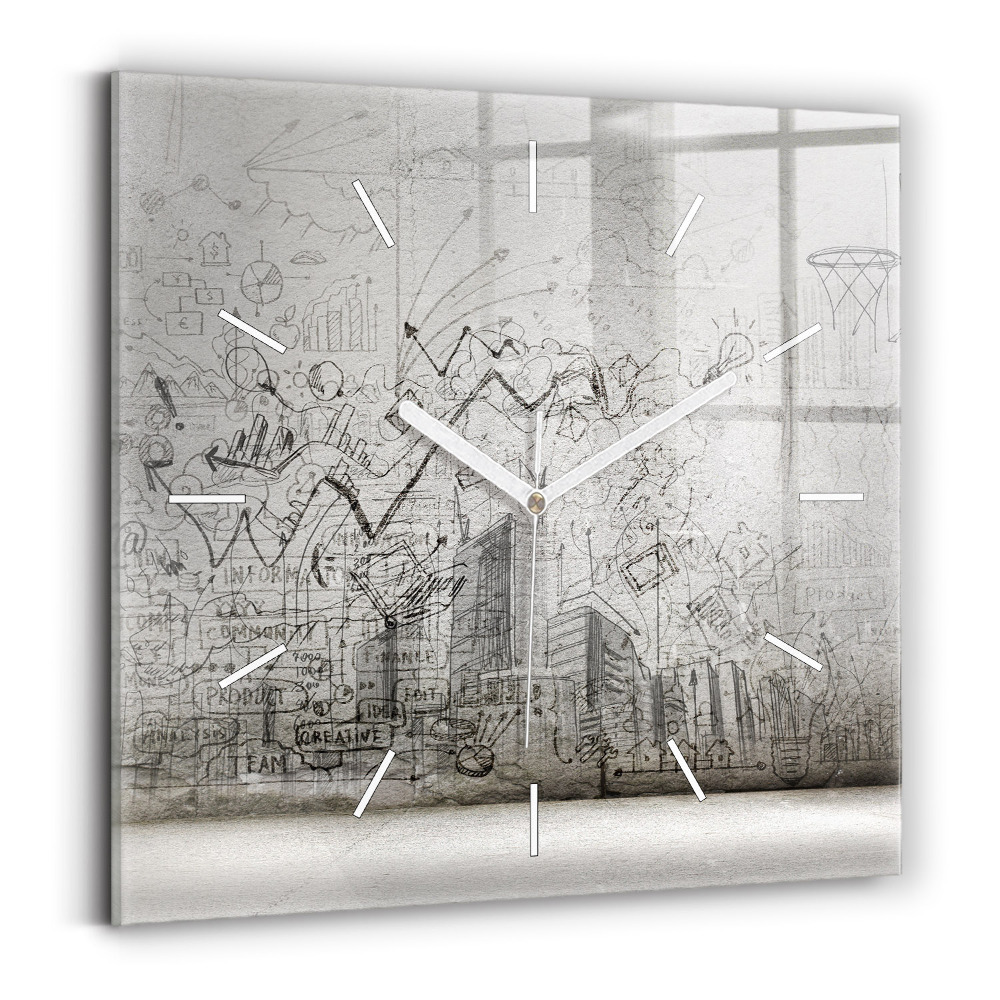 Skleněné nástěnné hodiny čtvercové Náčrt města