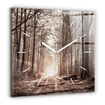 Skleněné nástěnné hodiny čtvercové Lesní cesta v sépiové barvě
