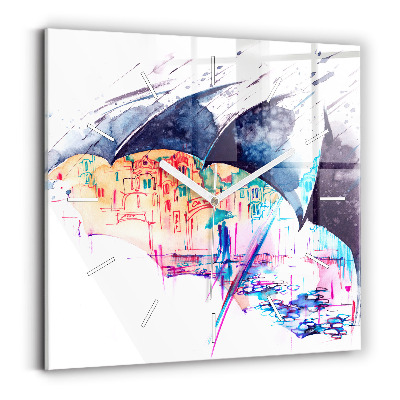 Skleněné nástěnné hodiny čtvercové Deštník a město