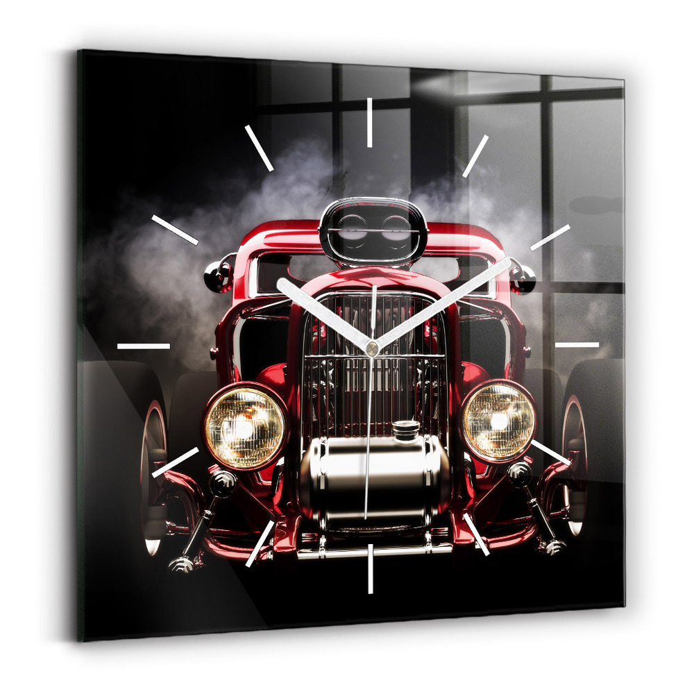 Skleněné nástěnné hodiny čtvercové Staré historické auto