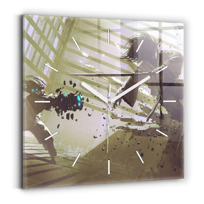 Hodiny na skle čtvercové Boj mezi robotem a samurajem