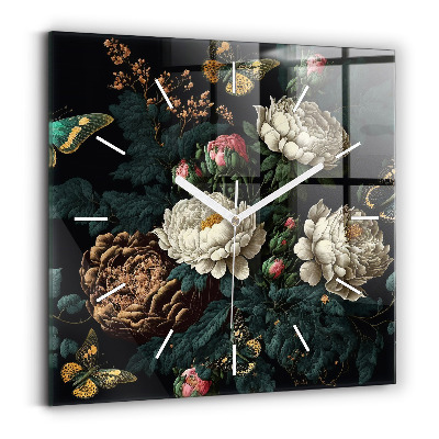 Skleněné hodiny s fotkou čtvercové Květina a zlatí motýli