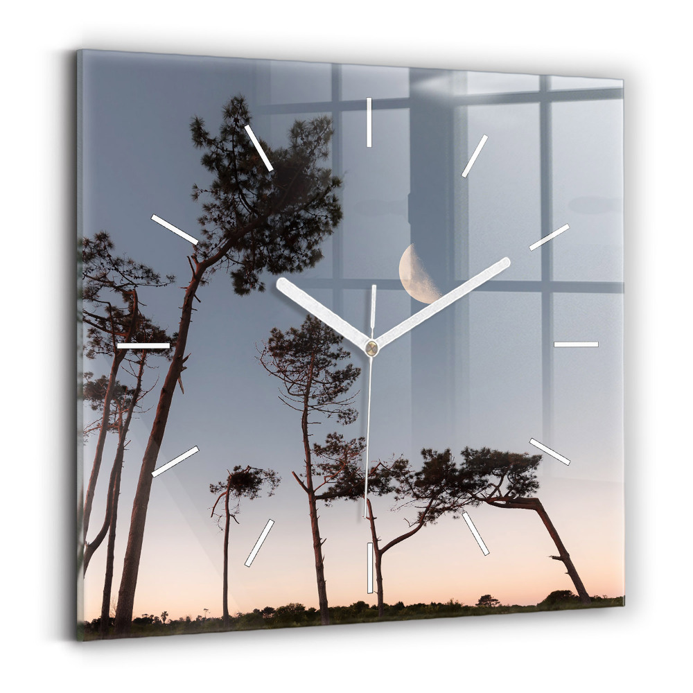 Skleněné hodiny s fotkou čtvercové Půlměsíc a stromy