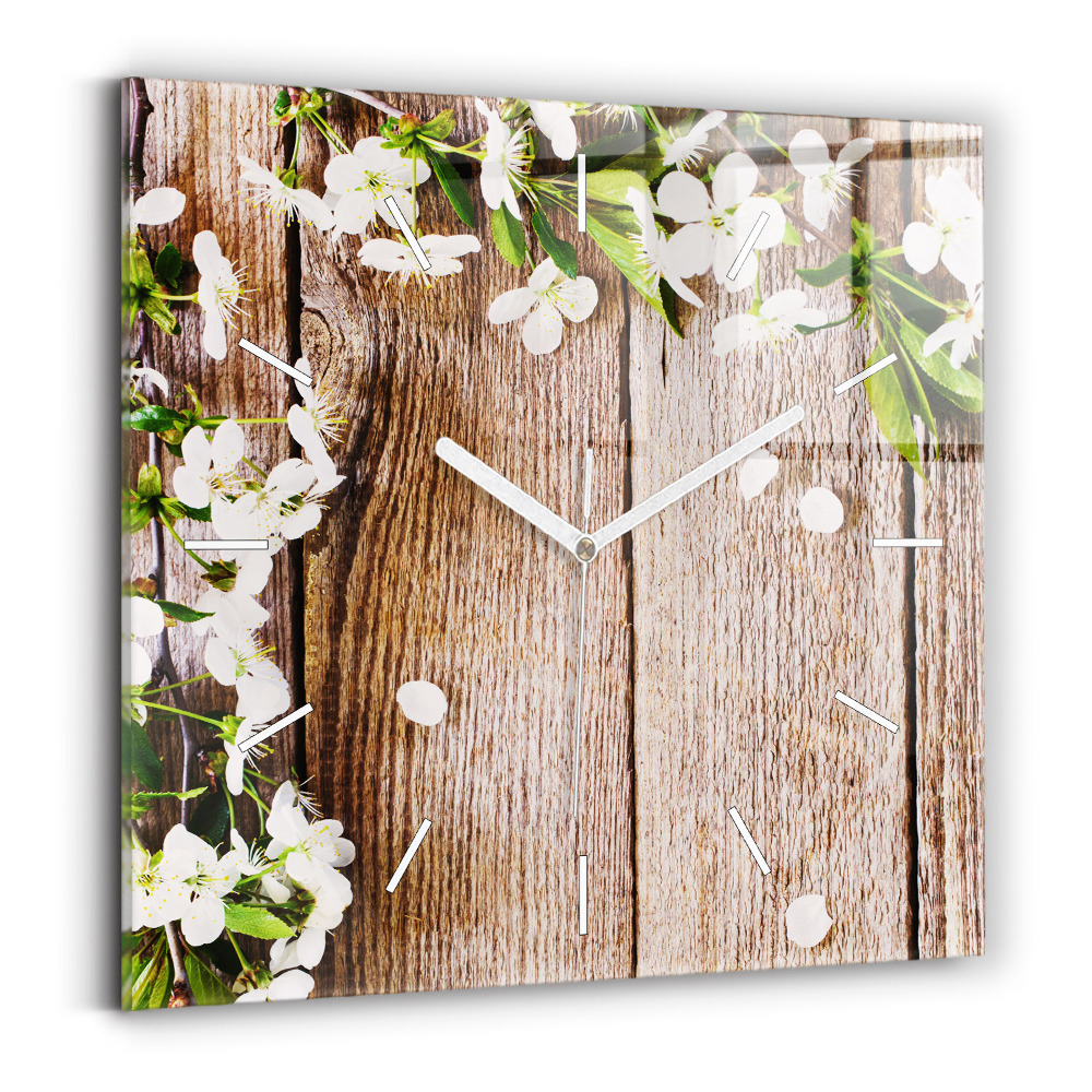 Skleněné nástěnné hodiny čtvercové Květiny na dřevě