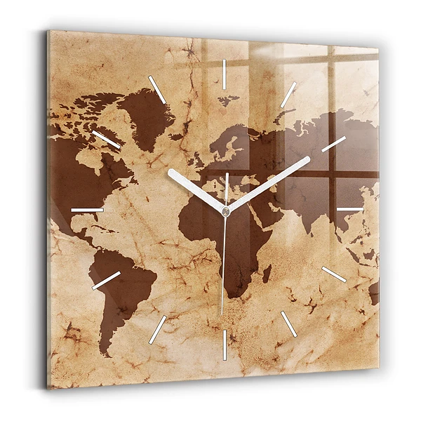 Skleněné nástěnné hodiny čtvercové Vintage mapa světa