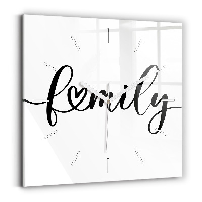 Hodiny na skle čtvercové Rodinný nápis a srdce