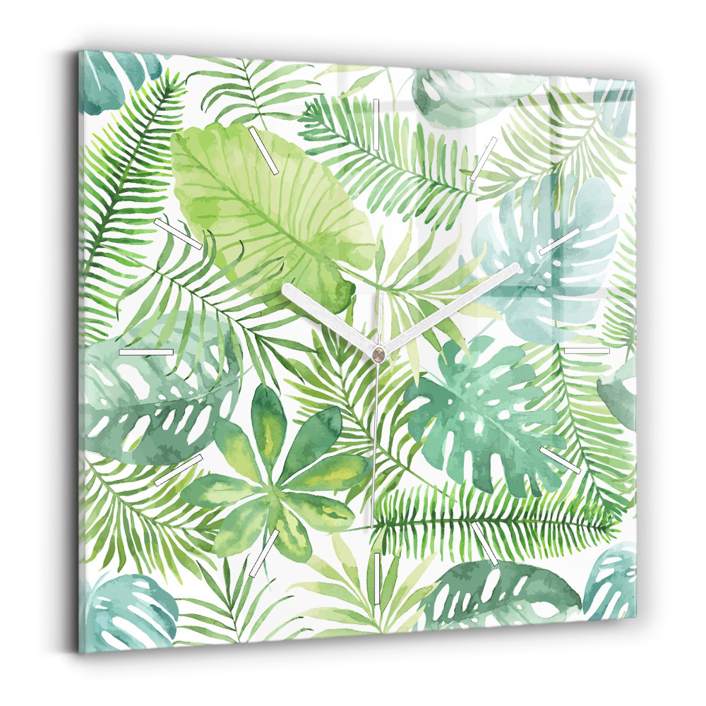 Skleněné nástěnné hodiny čtvercové Zelené listy