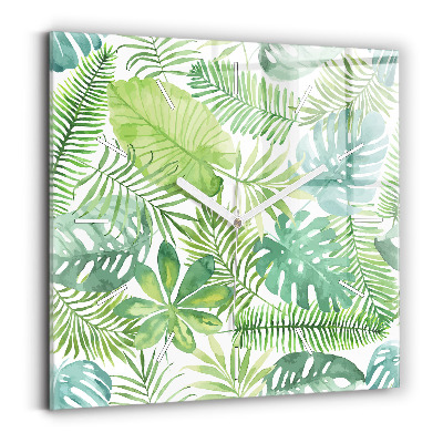 Skleněné nástěnné hodiny čtvercové Zelené listy