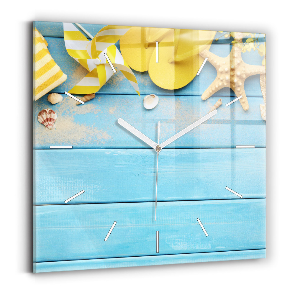 Skleněné nástěnné hodiny čtvercové Plážové doplňky a prkna