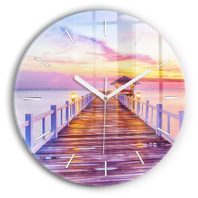 Kulaté nástěnné hodiny Most v přístavu večer