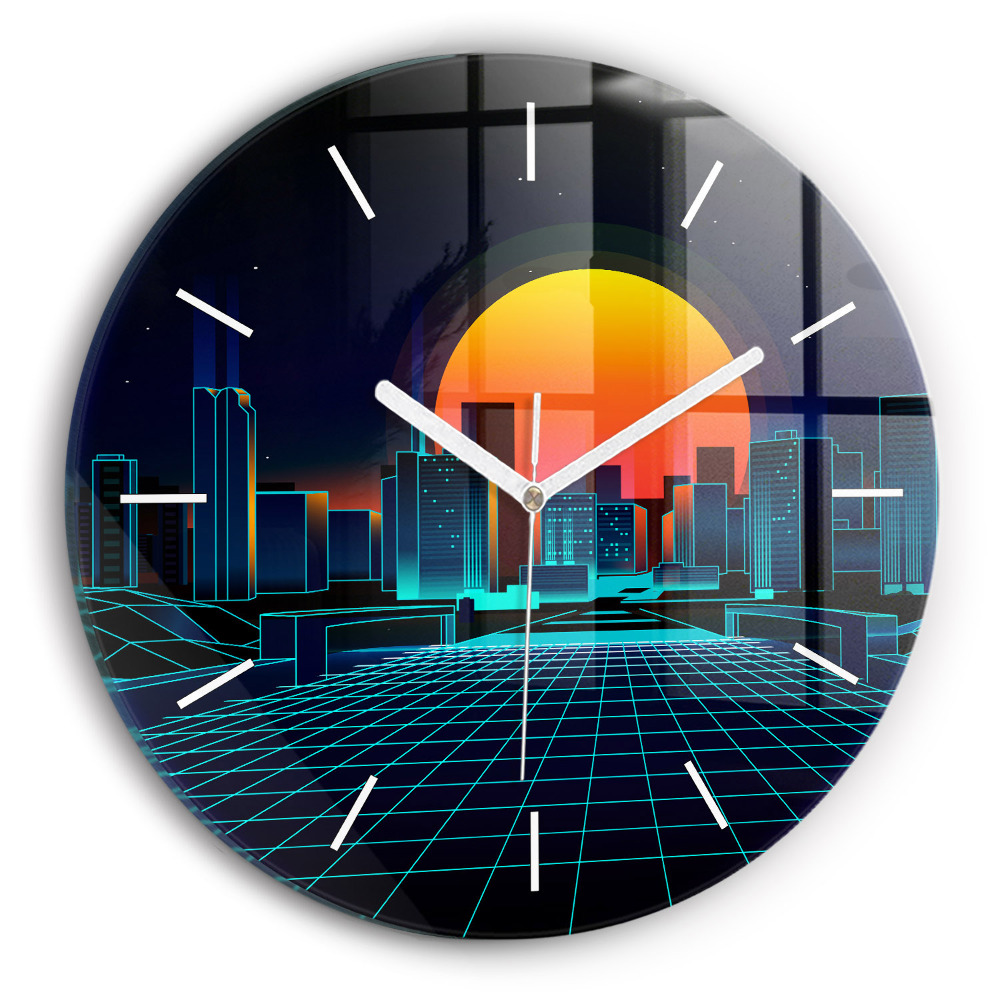 Skleněné hodiny kulaté Město v kyberprostoru