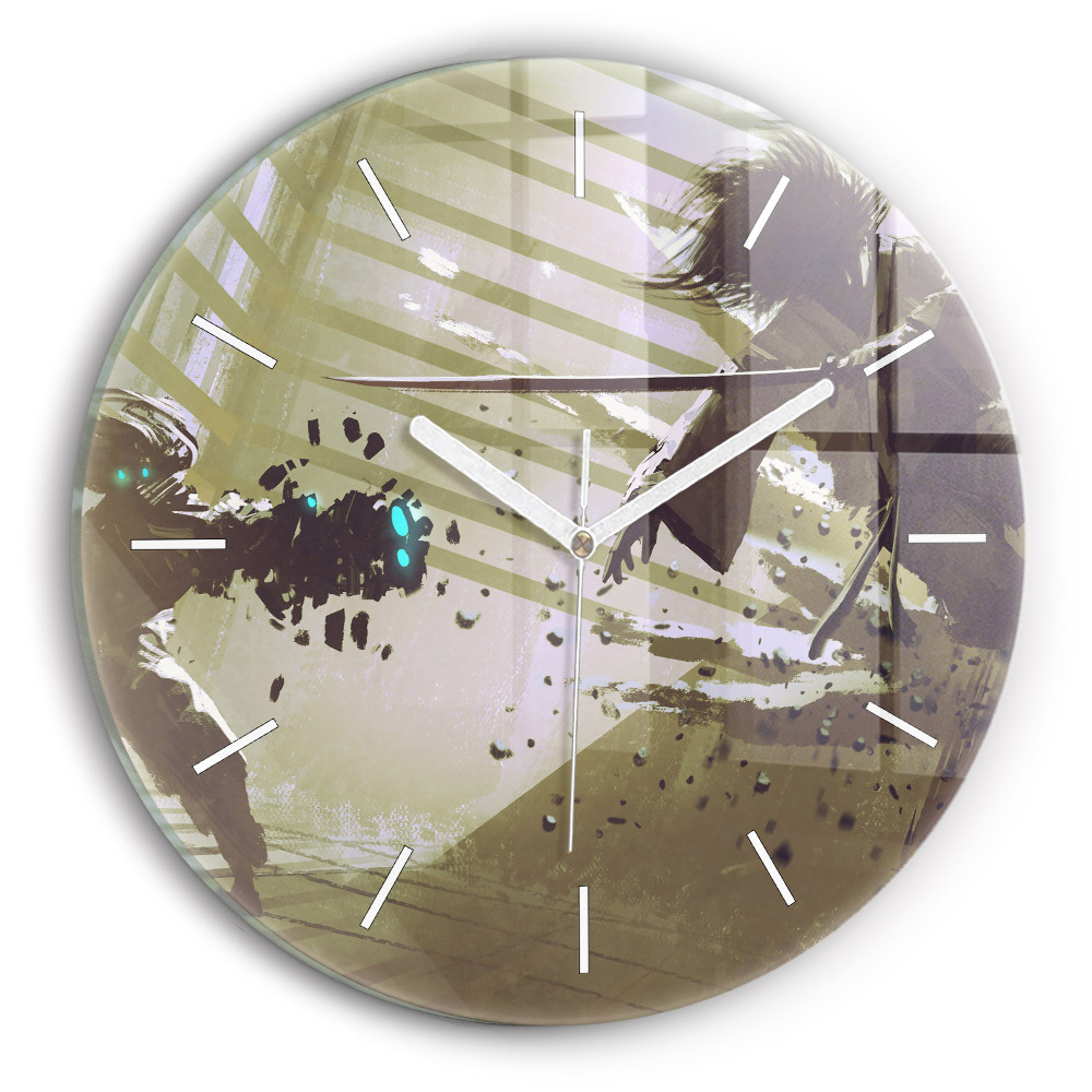 Skleněné hodiny kulaté Boj mezi robotem a samurajem