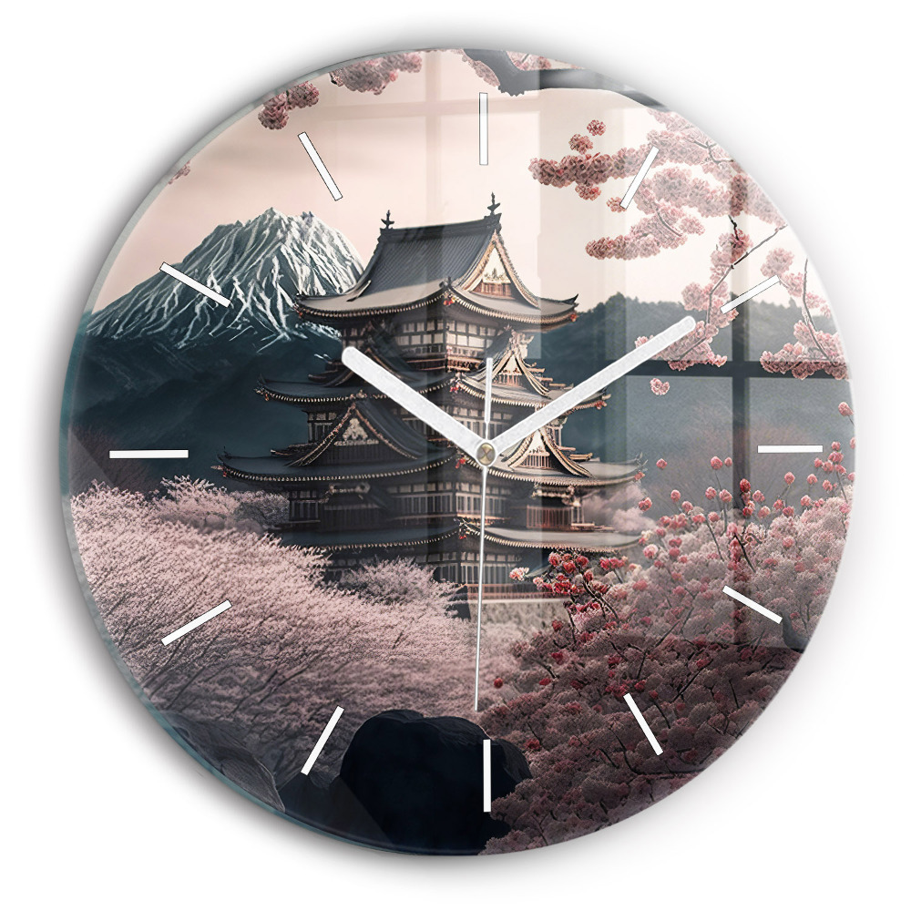 Skleněné hodiny kulaté Věž a květiny v Asii