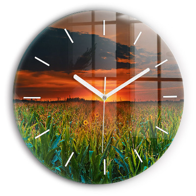 Skleněné hodiny kulaté Slunečnice na louce