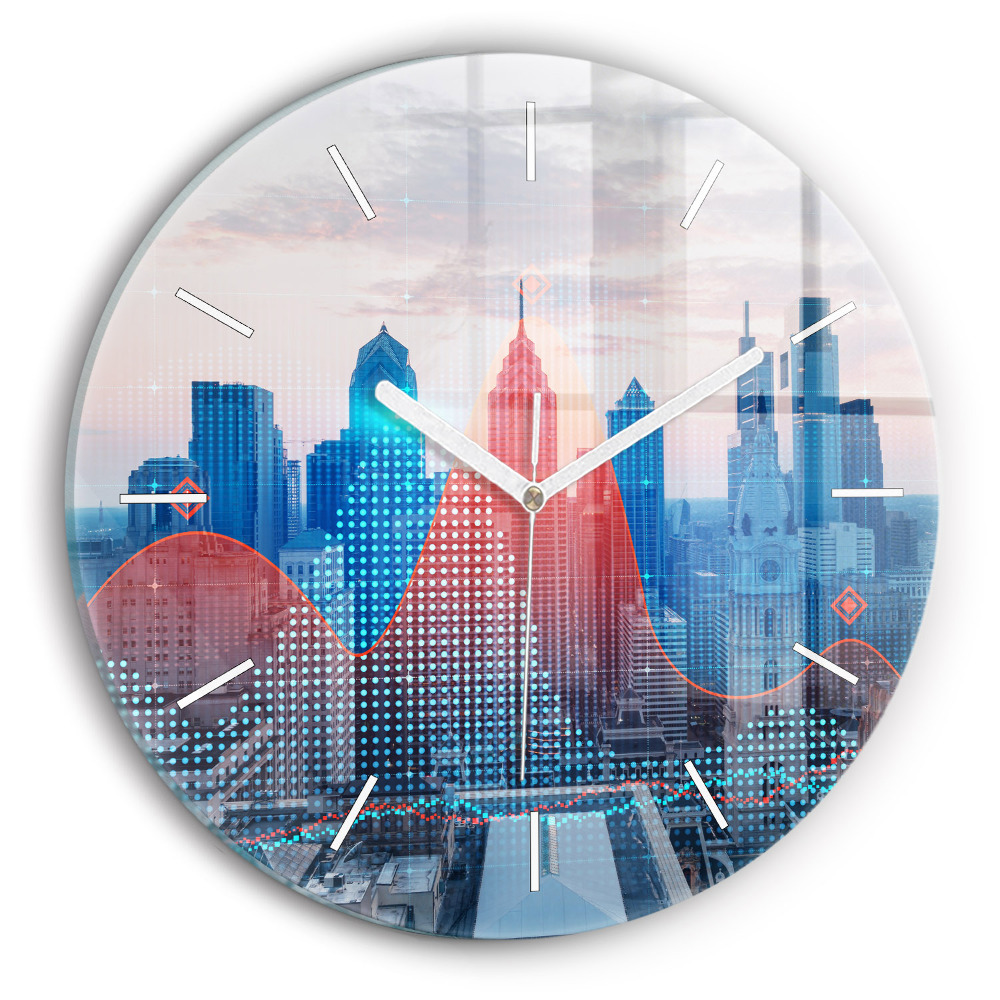 Skleněné hodiny kulaté Mrakodrapy ve Filadelfii