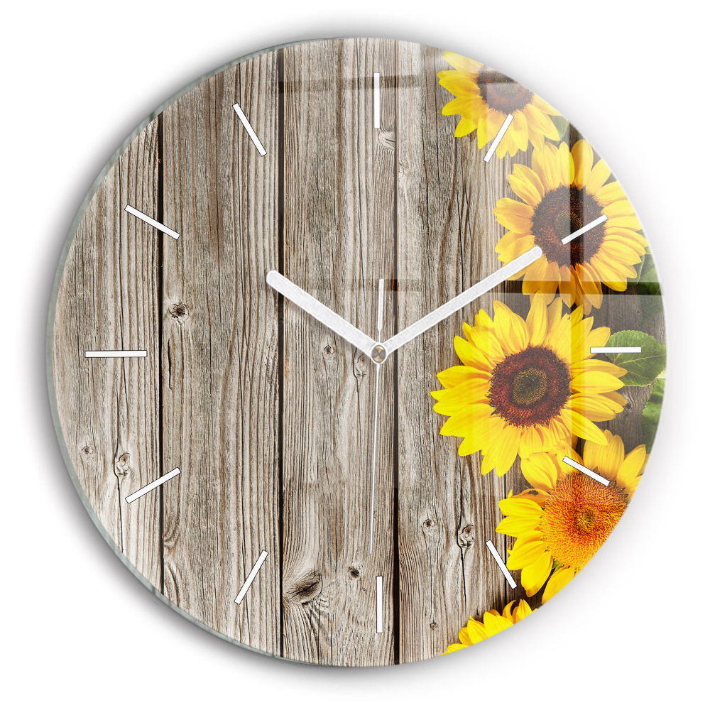 Kulaté nástěnné hodiny Slunečnice na prknech